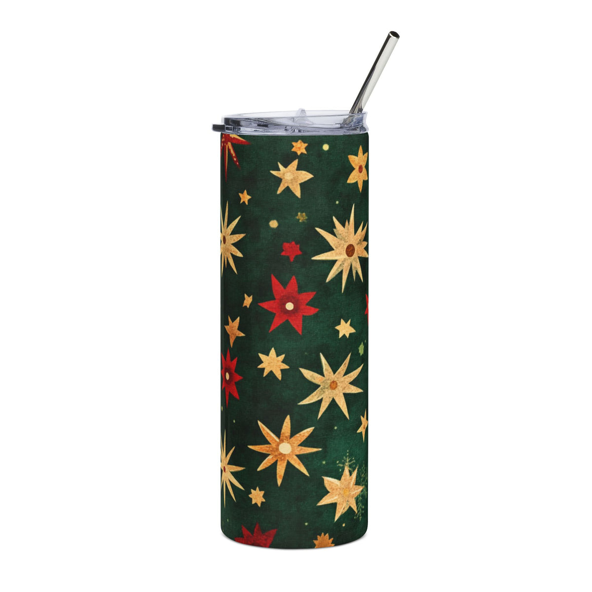 Green tumbler with red and yellow star pattern and metal straw.