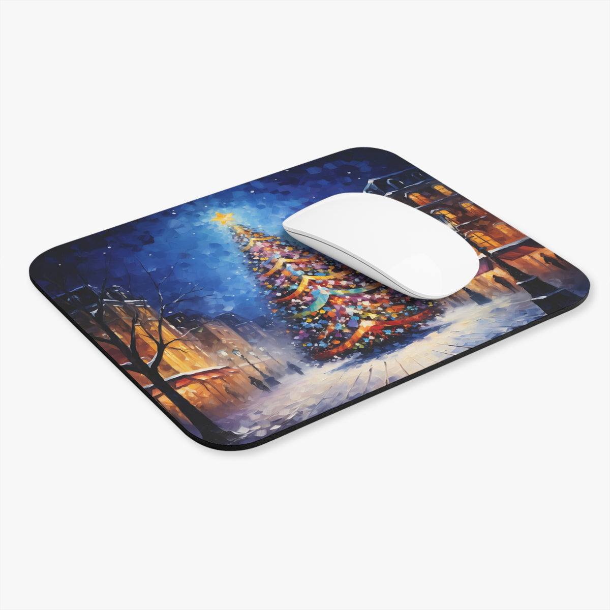 Mousepad with festive Christmas tree and snowy street scene.