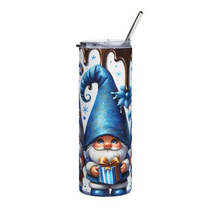 Tumbler with blue gnome holding gift, snowflakes, and chocolate drips.