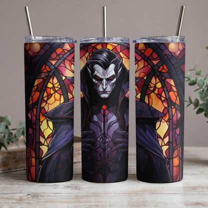 Vampire in stained glass pattern on three tumblers with metal straws