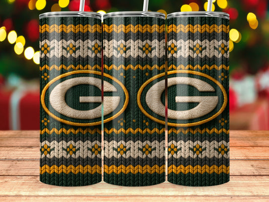 Three Green Bay Packers tumblers with a knit sweater design and bokeh background.