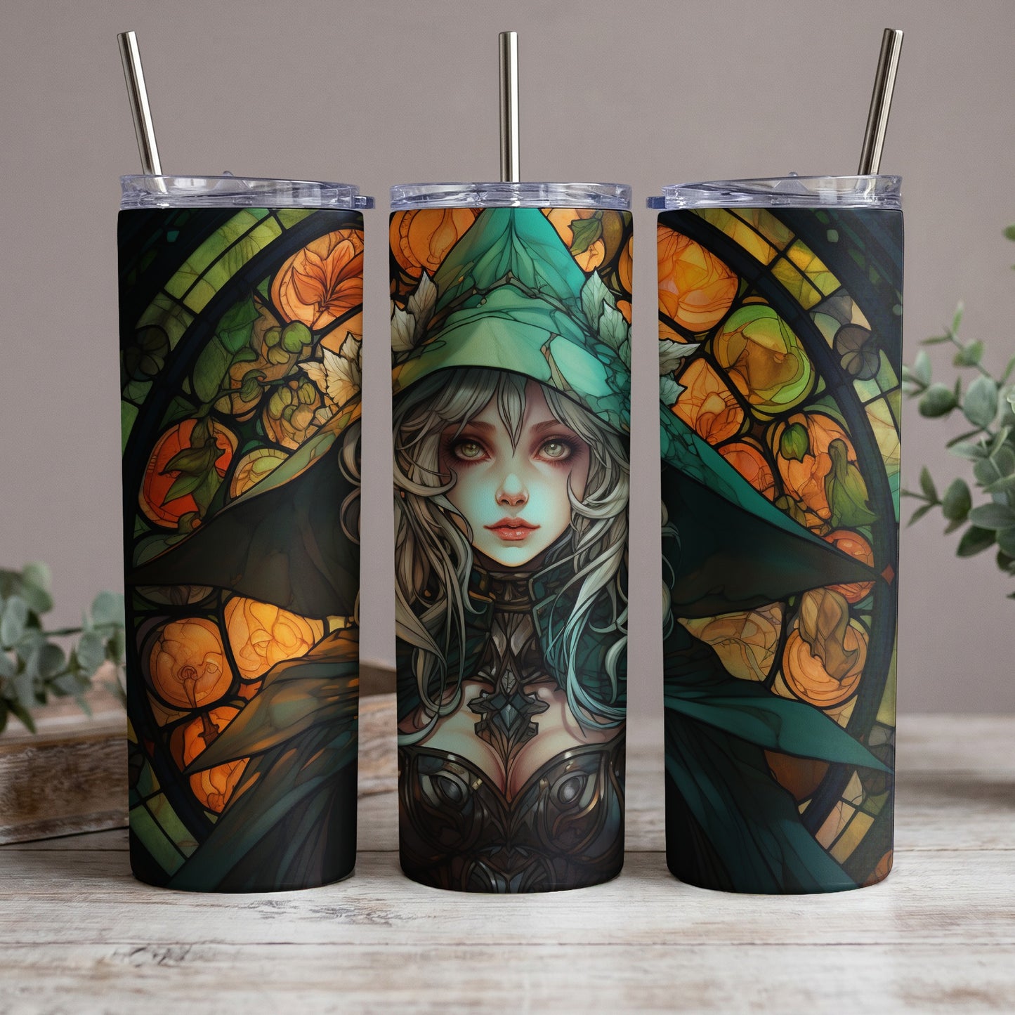 Three tumblers with stained-glass style witch and pumpkin design.