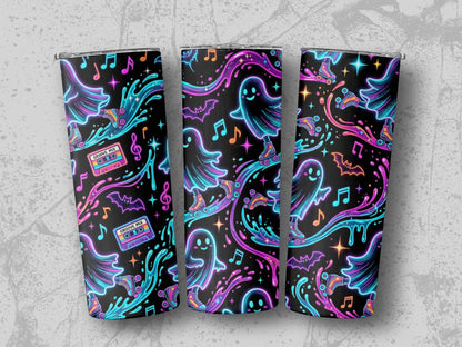 Three tumblers with a glowing black design featuring ghosts on roller skates, music notes, and bats.