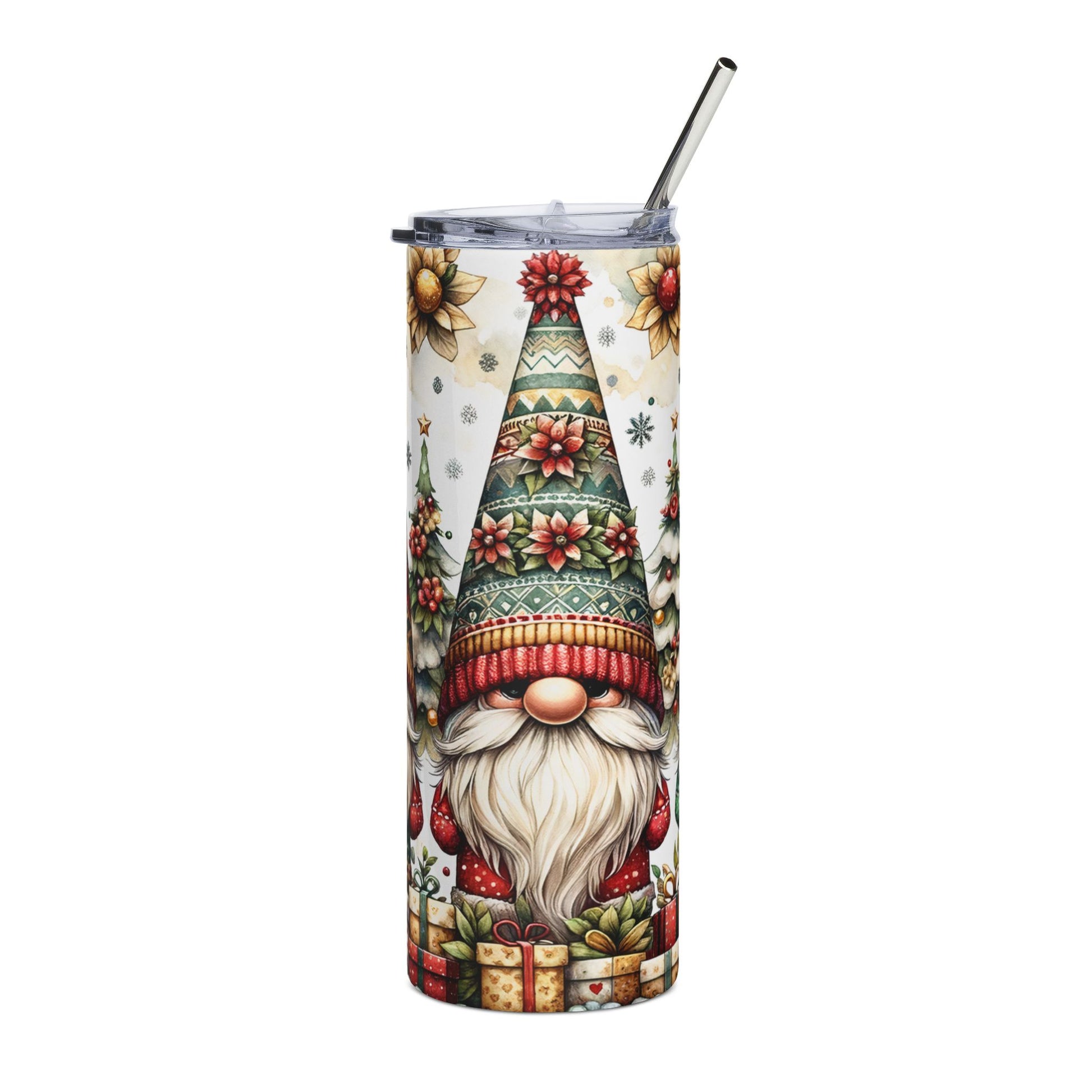 Tall tumbler with a gnome, Christmas trees, gifts, and floral watercolor design.