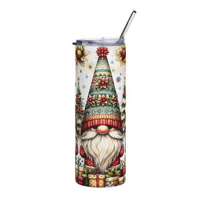 Tall tumbler with a gnome, Christmas trees, gifts, and floral watercolor design.