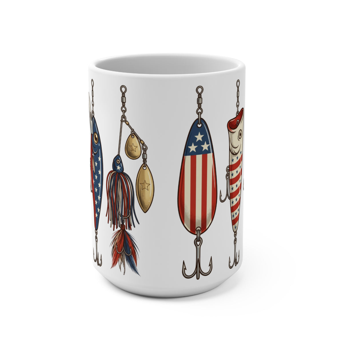 White mug with fishing lures decorated with American flag patterns.