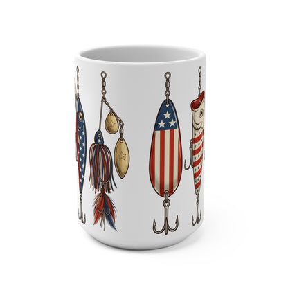 White mug with fishing lures decorated with American flag patterns.