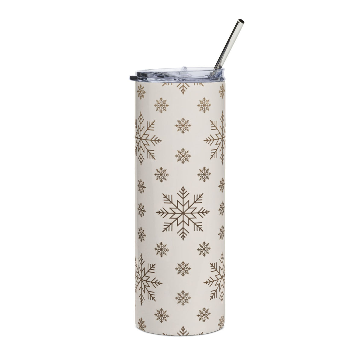 Cream tumbler with brown snowflake pattern and metal straw.
