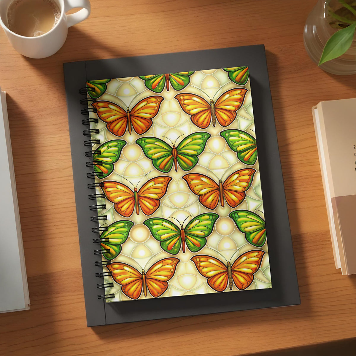 Notebook with a repeating pattern of orange and green butterflies on a textured background.