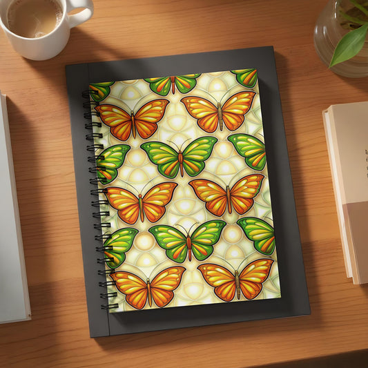 Notebook with a repeating pattern of orange and green butterflies on a textured background.
