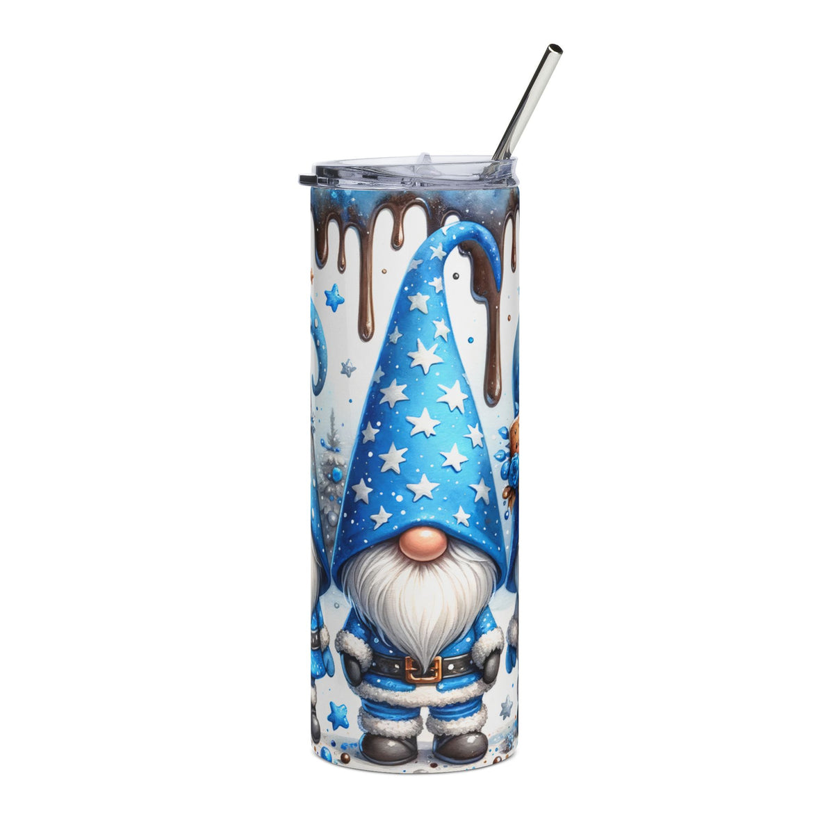 Tall tumbler with a whimsical gnome pattern and a silver straw.