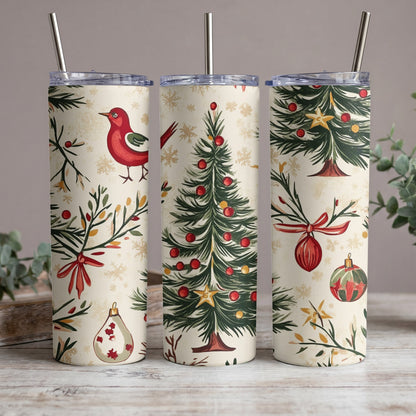 Three tumblers with a cream background, featuring red bird, Christmas tree, and ornament patterns.