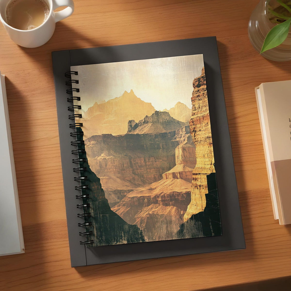 Notebook with Grand Canyon landscape on cover, on a wooden desk.