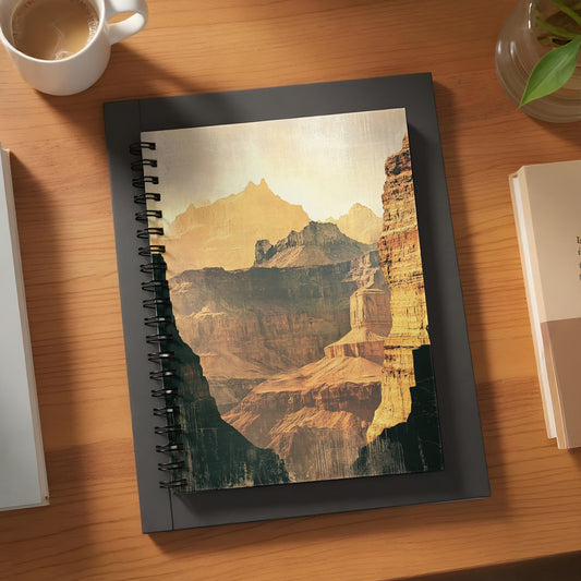 Notebook with Grand Canyon landscape on cover, on a wooden desk.