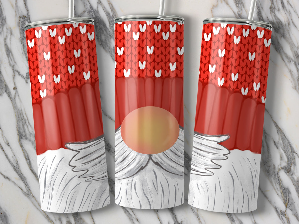 Three tumblers with red tops patterned like knitted fabric and white hearts, featuring gnome beards.