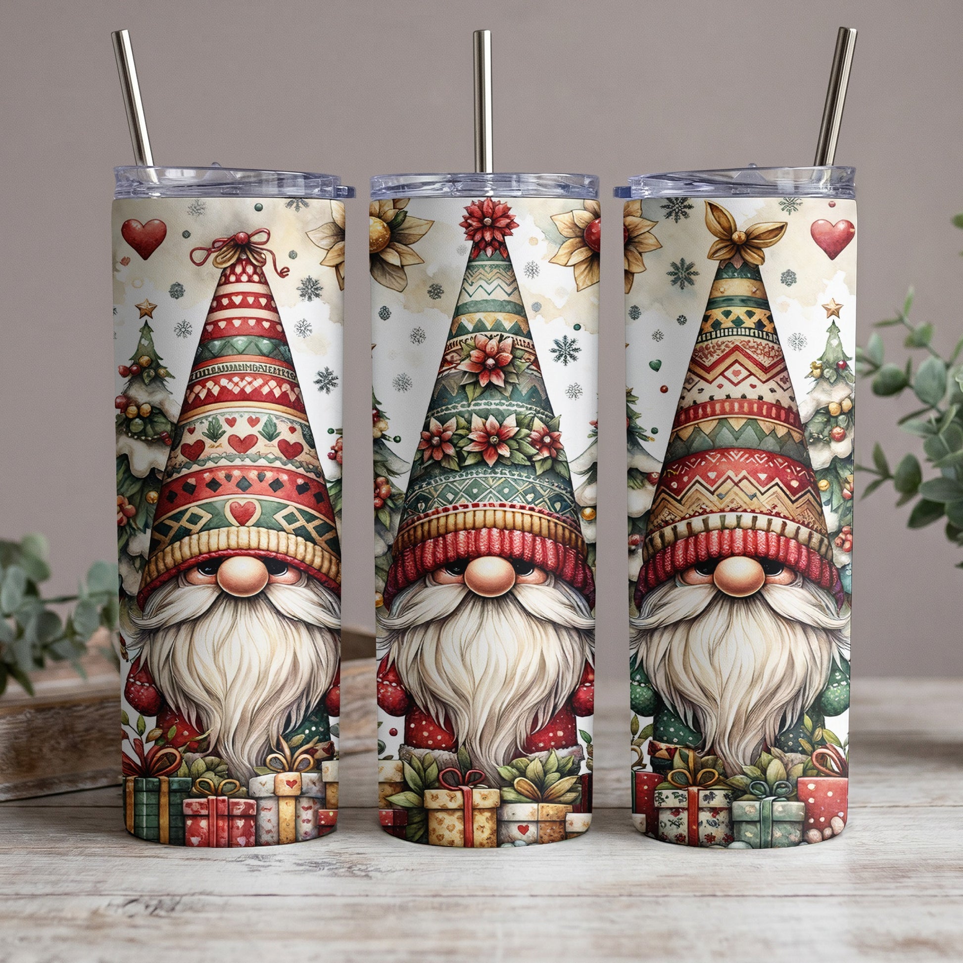 Three gnomes with festive hats and white beards stand in front of Christmas trees and gifts.