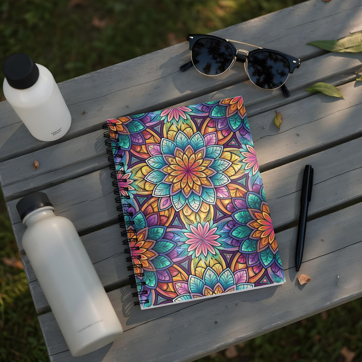 Spiral notebook with colorful mandala pattern, water bottles, sunglasses, and pen.