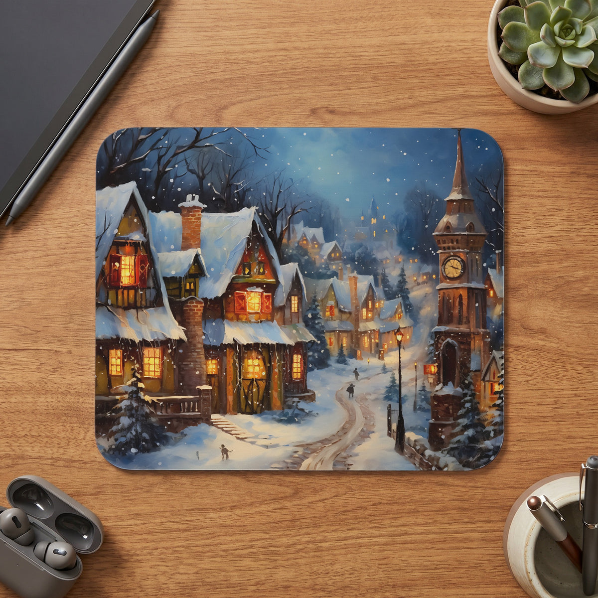 Winter village scene with snow-covered cottages and a clock tower.