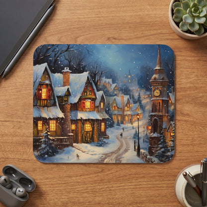 Winter village scene with snow-covered cottages and a clock tower.