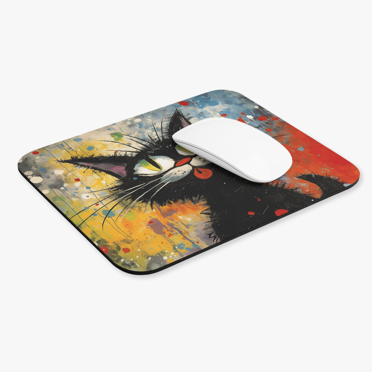 Black cat art mousepad with a white mouse on top.