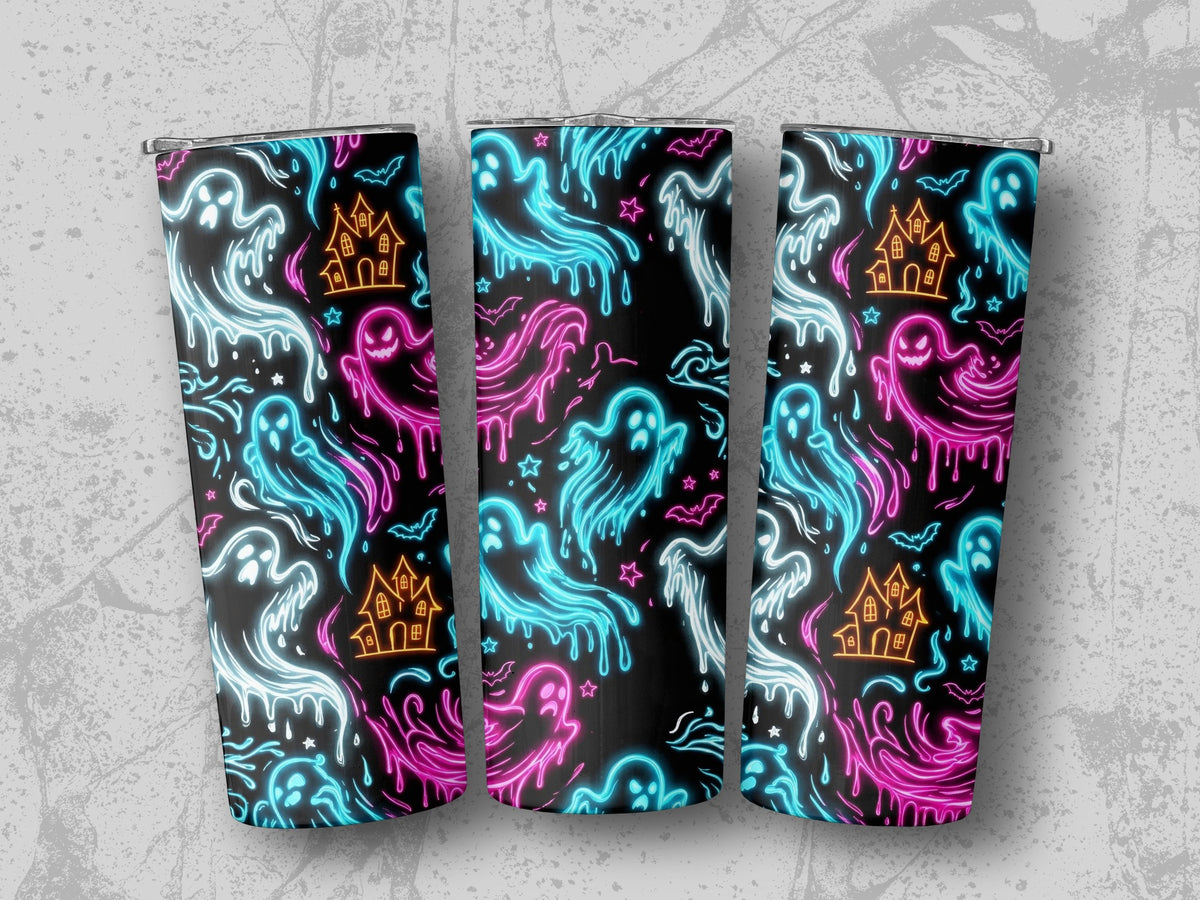 Three tumblers with a black background featuring neon ghost, haunted house, bat, and star designs.