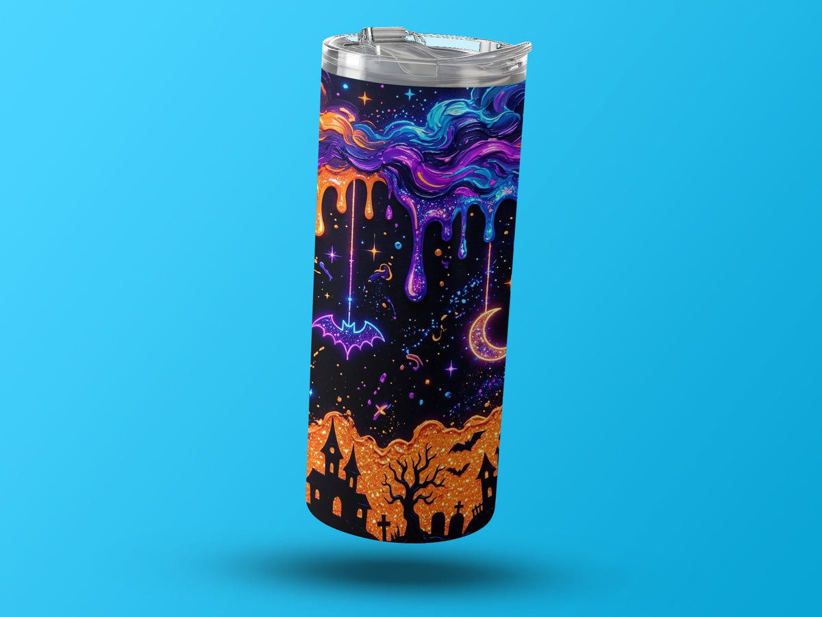 Tumbler with a dark Halloween-themed design featuring dripping colors and a haunted scene.