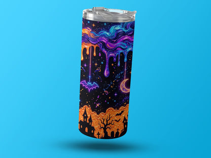 Tumbler with a dark Halloween-themed design featuring dripping colors and a haunted scene.