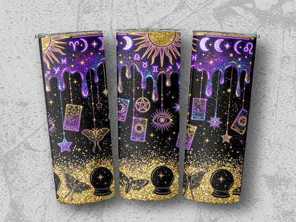 Three tumblers with astrology, tarot, and celestial designs on black background.