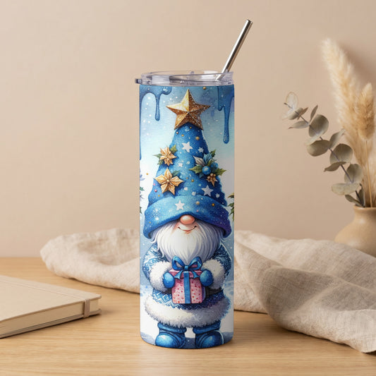 Blue Christmas gnome tumbler with a gift and a metal straw.