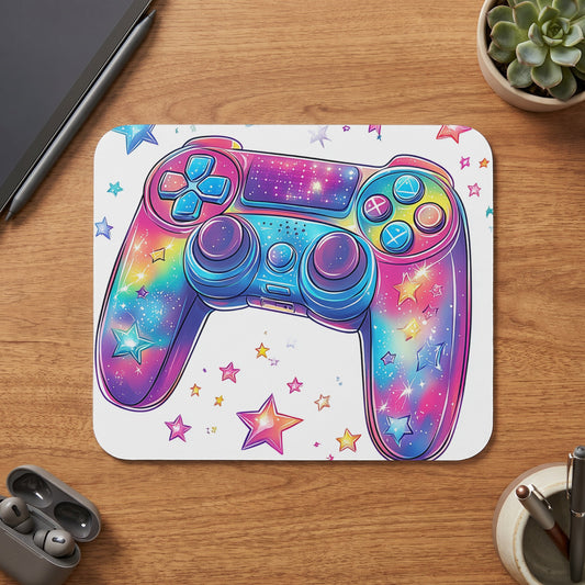 Rainbow galaxy gamepad with stars on a white mousepad.
