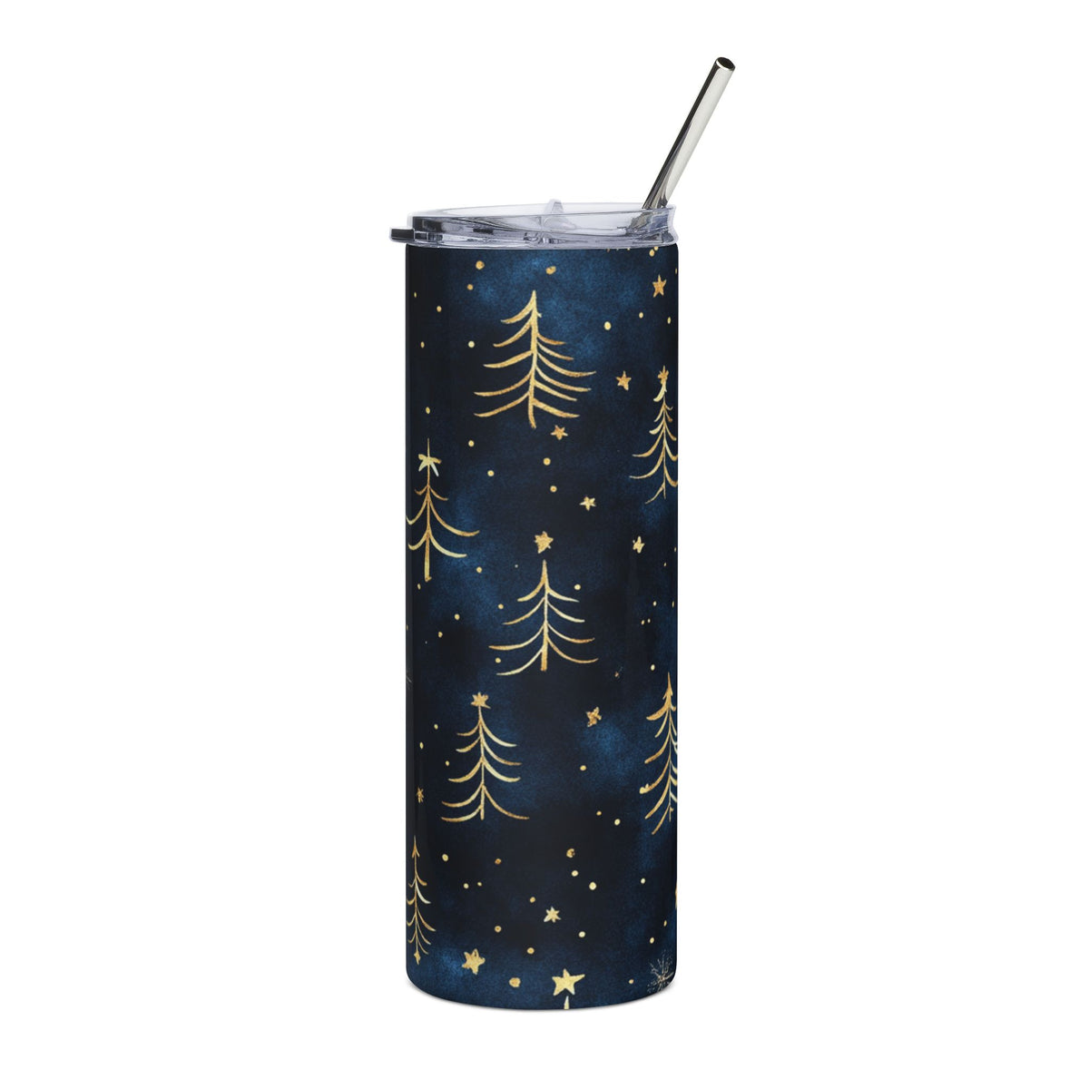 Dark blue tumbler with gold Christmas trees and stars, and a metal straw.