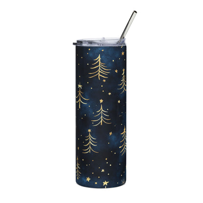 Dark blue tumbler with gold Christmas trees and stars, and a metal straw.