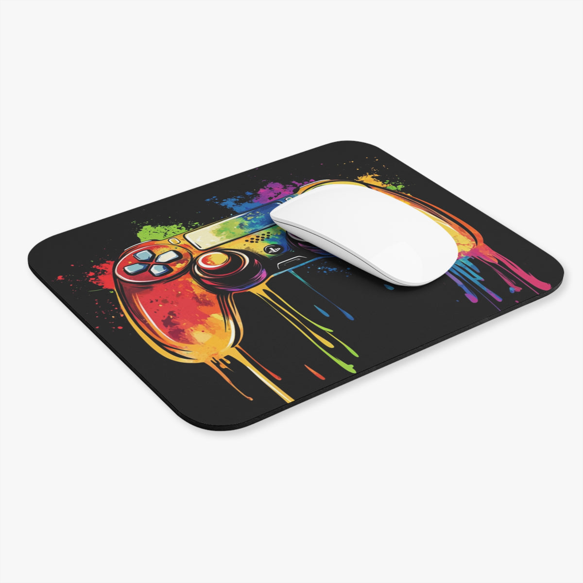 Black mousepad with a colorful, abstract video game controller design and white mouse.