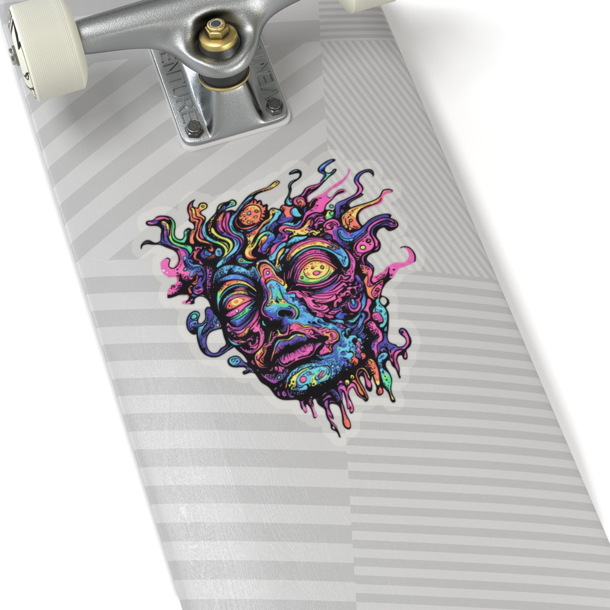 Trippy, colorful abstract face sticker on a skateboard deck.
