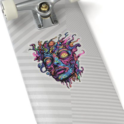 Trippy, colorful abstract face sticker on a skateboard deck.