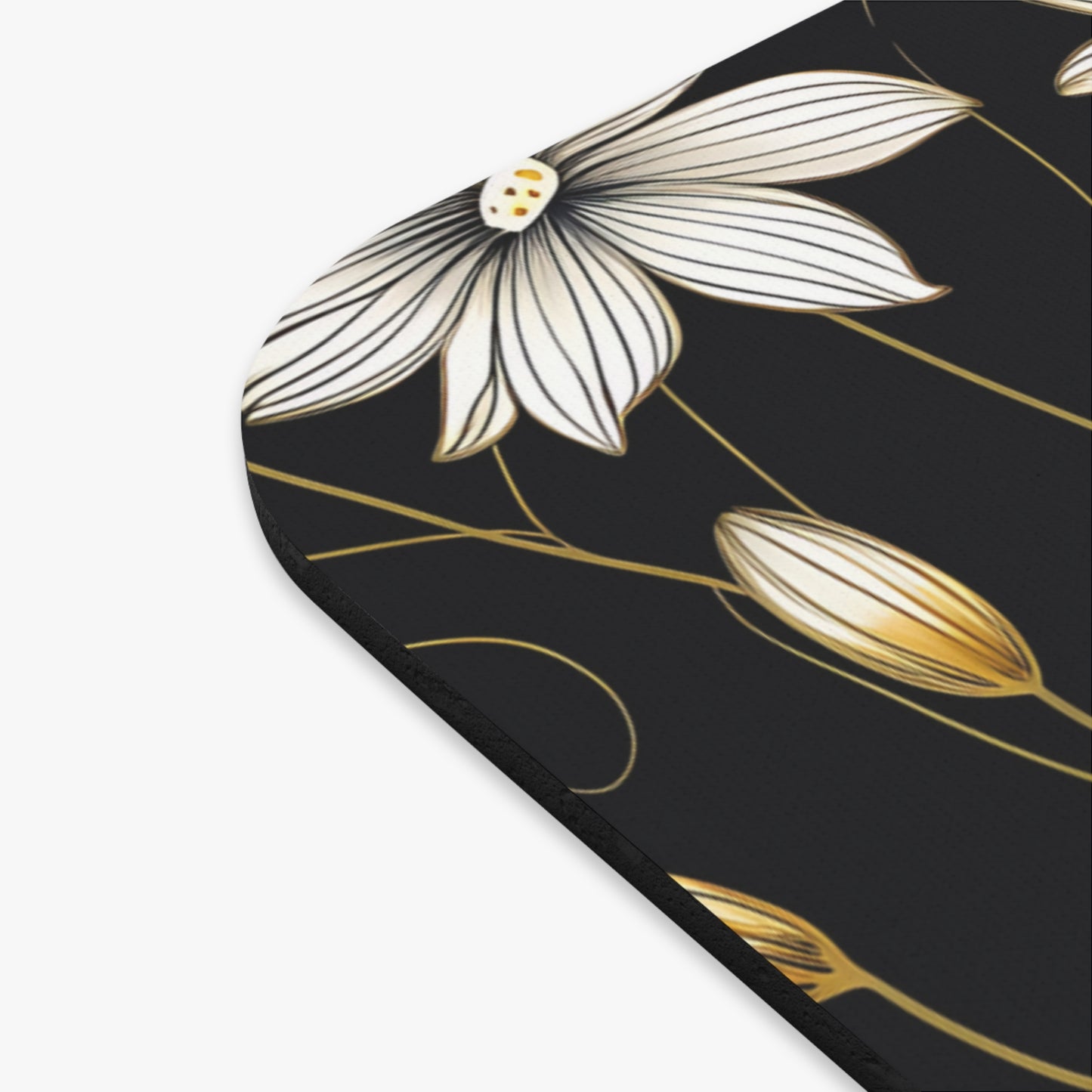 Black background with a cream and gold floral pattern.
