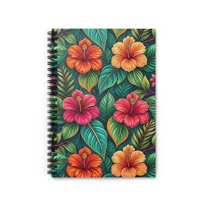 Spiral bound notebook with a repeating pattern of colorful hibiscus flowers and tropical leaves.