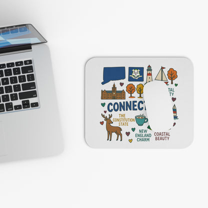 Mousepad with Connecticut state map, flag, lighthouse, sailboat, and deer.