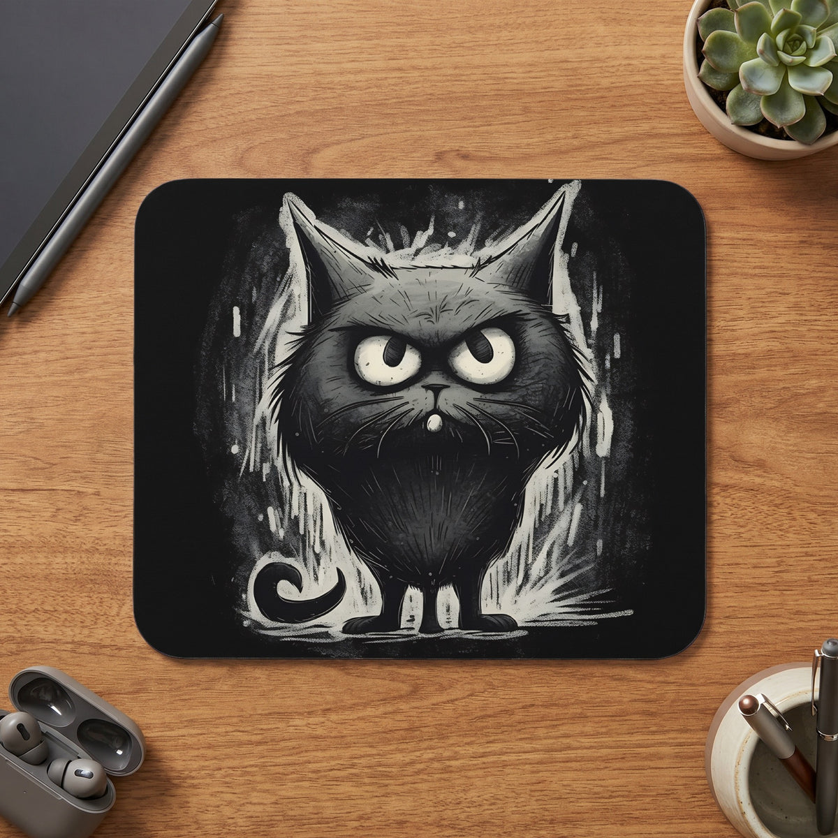 Mousepad with a black and white cartoon illustration of a grumpy cat.