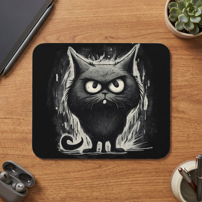 Mousepad with a black and white cartoon illustration of a grumpy cat.