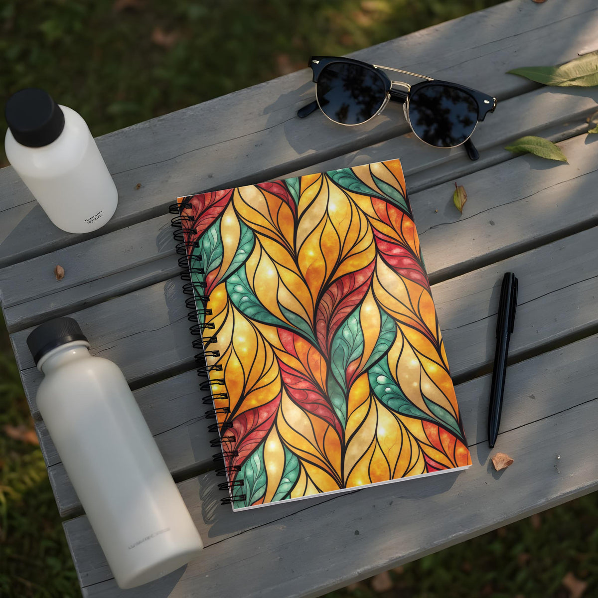 Spiral notebook with stained glass leaf pattern, two water bottles, and sunglasses.