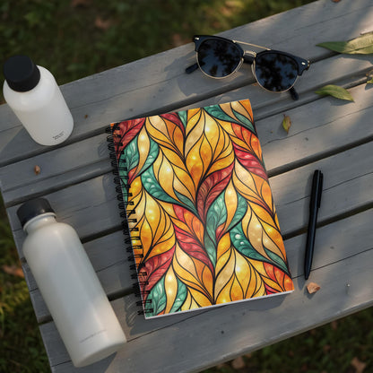 Spiral notebook with stained glass leaf pattern, two water bottles, and sunglasses.