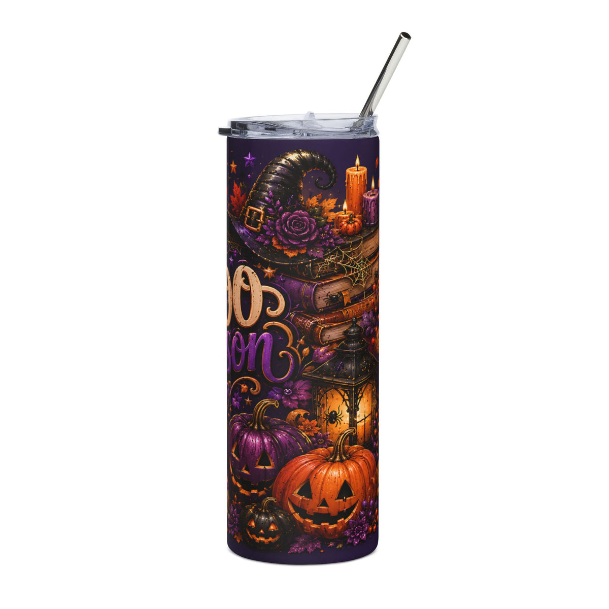 Purple tumbler with Halloween design featuring witch hat, pumpkins, books, and candles.