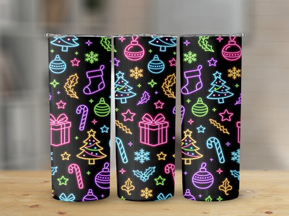 Three tumblers with a black background and colorful neon Christmas icons.