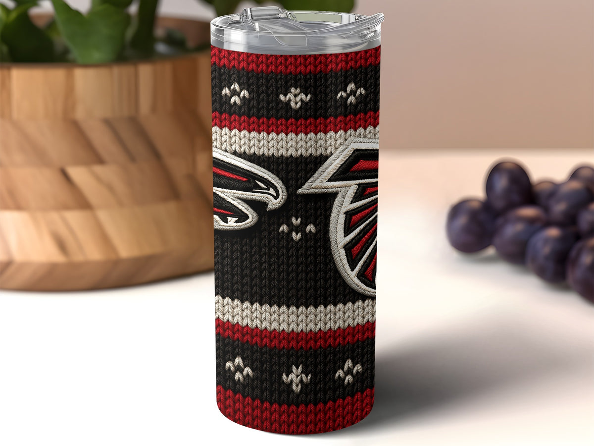 Black tumbler with knitted pattern and Atlanta Falcons logo.