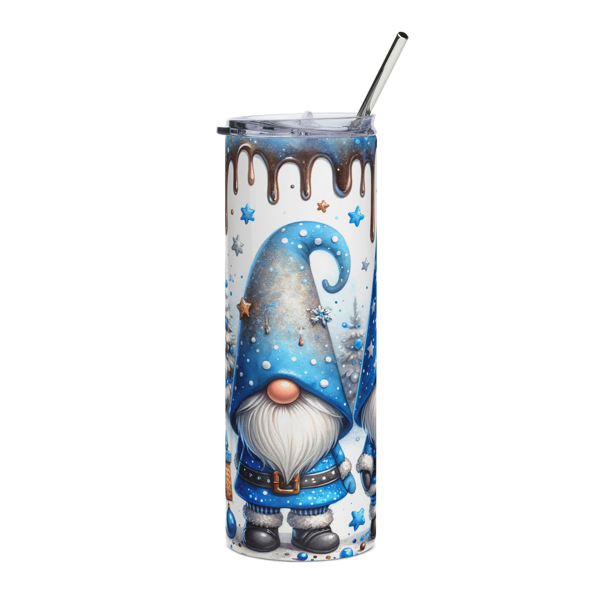 Tumbler with blue gnomes, snow, and chocolate drizzle pattern.