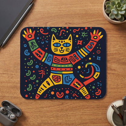 Colorful abstract cat design on a dark navy mousepad with scattered confetti.
