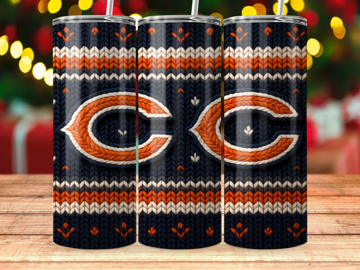 Chicago Bears logo on dark blue knit pattern tumbler