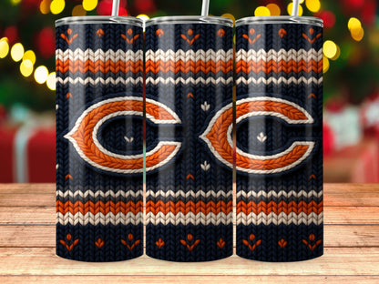 Chicago Bears logo on dark blue knit pattern tumbler