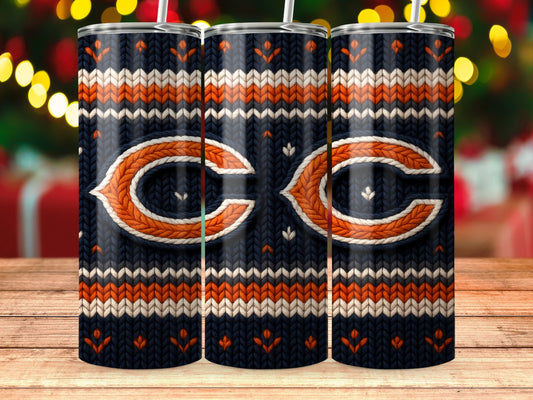 Chicago Bears logo on dark blue knit pattern tumbler